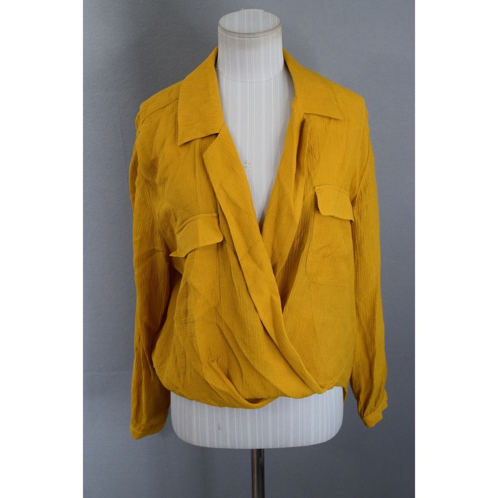 BROCHU WALKER Finn Crinkle Top Medium Golden Yellow Wrap Shirt Front Pockets
